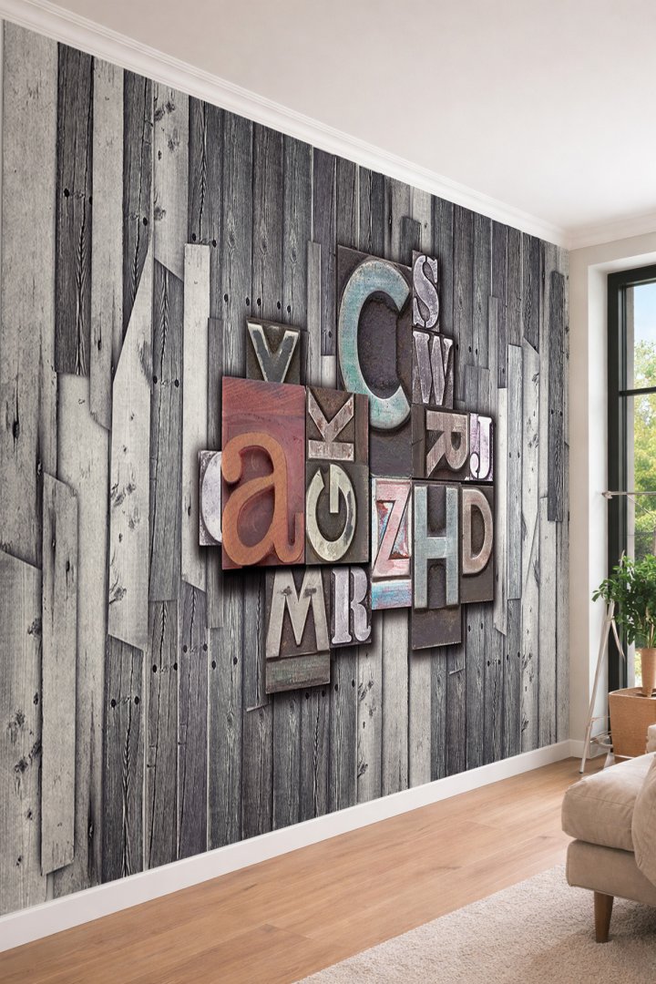 Dreamwall 3D Görünümlü Ahşap Panel ve Tipografi Tasarımlı Tek Parça Tekstil  Duvar Kağıdı