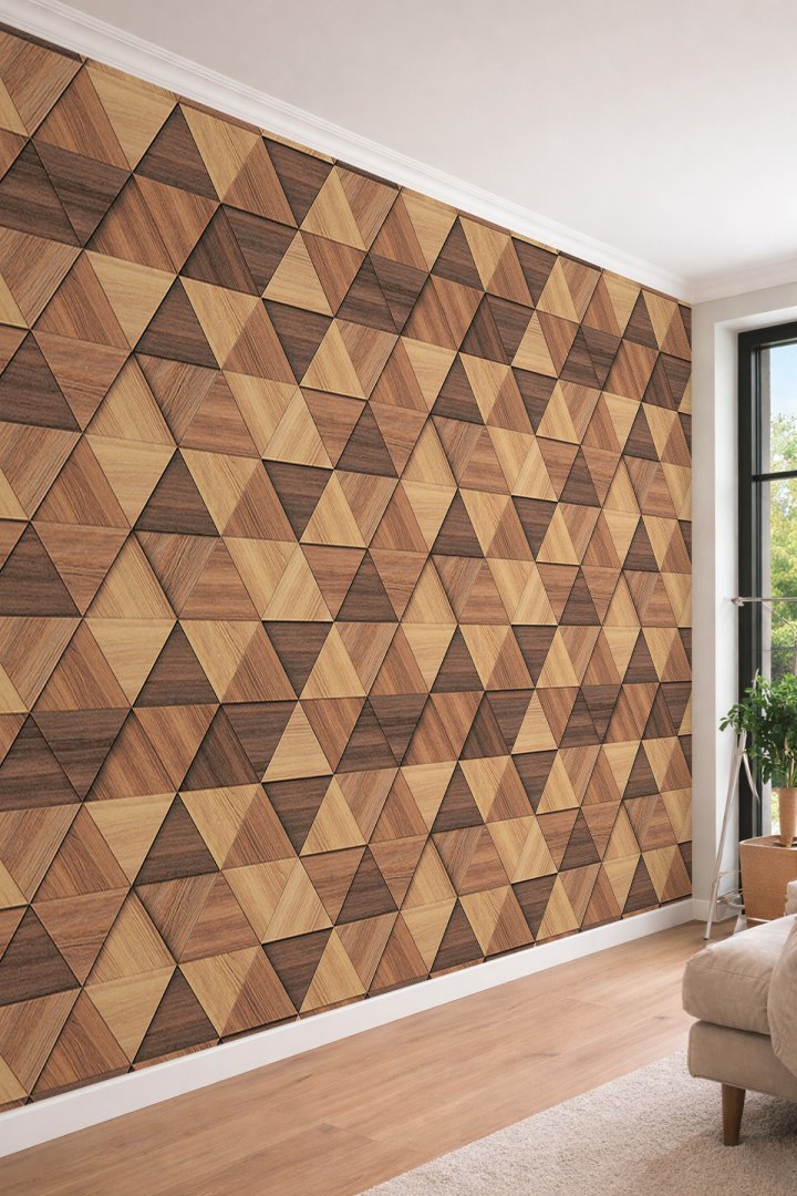 Dreamwall 3D Görünümlü Ahşap Panelli Üçgen Geometrik Desenli Tek Parça Tekstil Duvar Kağıdı