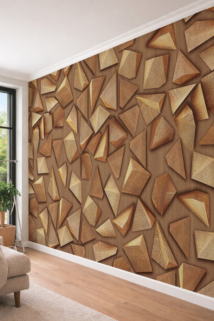 Dreamwall 3D Görünümlü Ahşap Prizma ve Geometrik Blok Temalı Tek Parça Tekstil Duvar Kağıdı