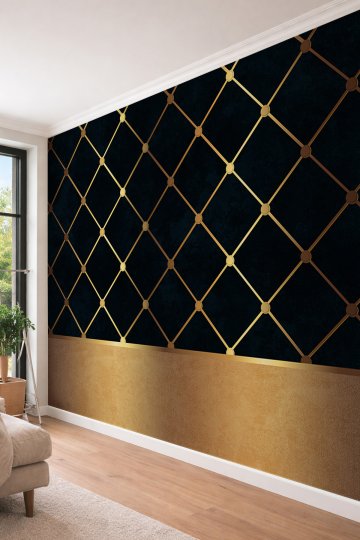 Dreamwall 3D Görünümlü Çıtalı Kapitone ve Gold Panelli Premium Tek Parça Tekstil Duvar Kağıdı