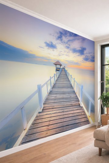 Dreamwall 3D Görünümlü Deniz Manzaralı ve Ahşap İskele Desenli Tek Parça Tekstil Duvar Kağıdı