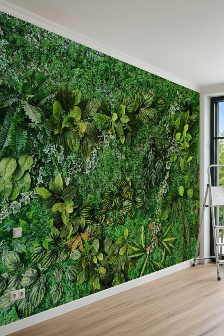 Dreamwall 3D Görünümlü Dikey Bahçe ve Tropikal Yapraklar Tek Parça Tekstil Duvar Kağıdı