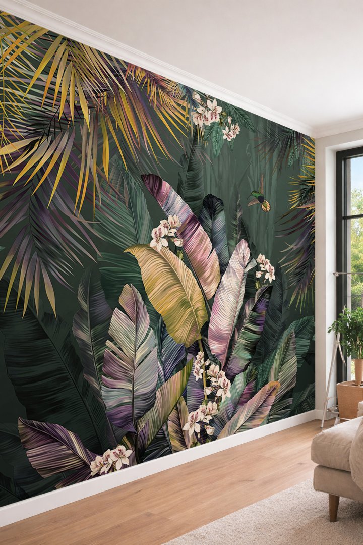 Dreamwall 3D Görünümlü Egzotik Yaprak ve Çiçek Desenli Tropikal Orman Temalı Tekstil Duvar Kağıdı