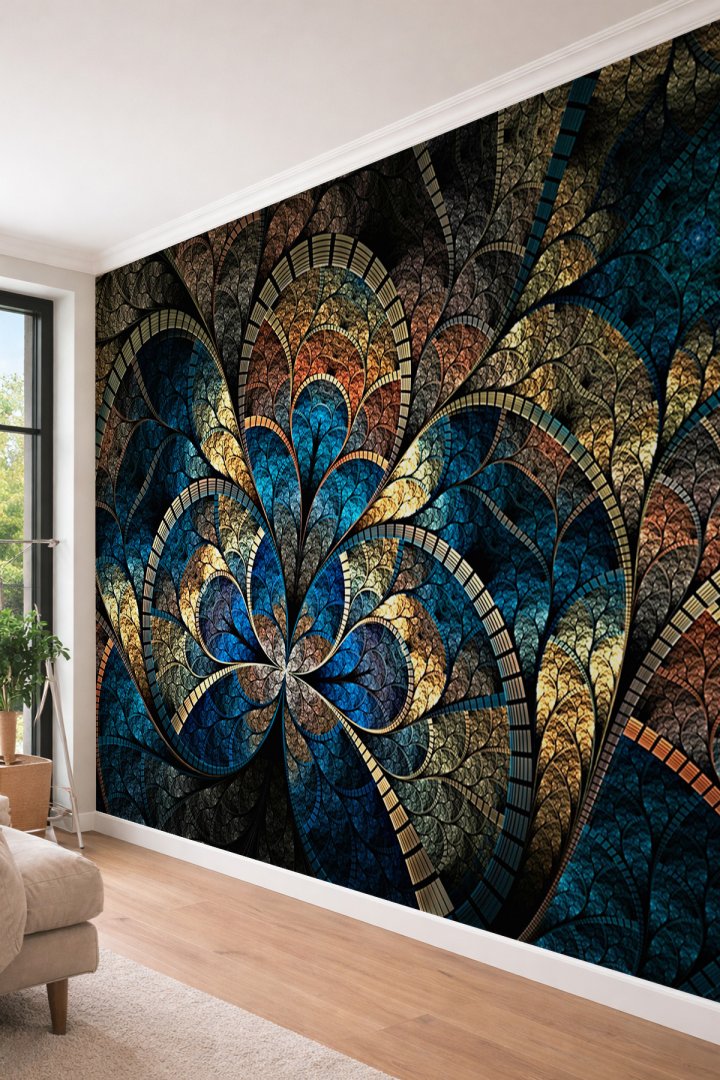 Dreamwall 3D Görünümlü Fraktal Desenli Altın Detaylı Tek Parça Tekstil Duvar Kağıdı