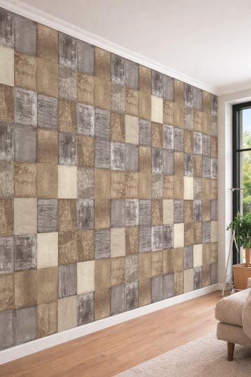 Dreamwall 3D Görünümlü Geometrik Kare Panel ve Beton Dokulu Tek Parça Tekstil Duvar Kağıdı