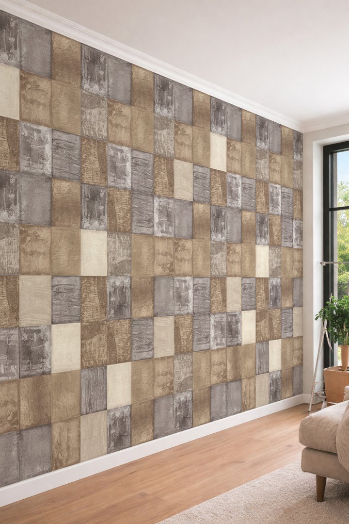 Dreamwall 3D Görünümlü Geometrik Kare Panel ve Beton Dokulu Tek Parça Tekstil Duvar Kağıdı