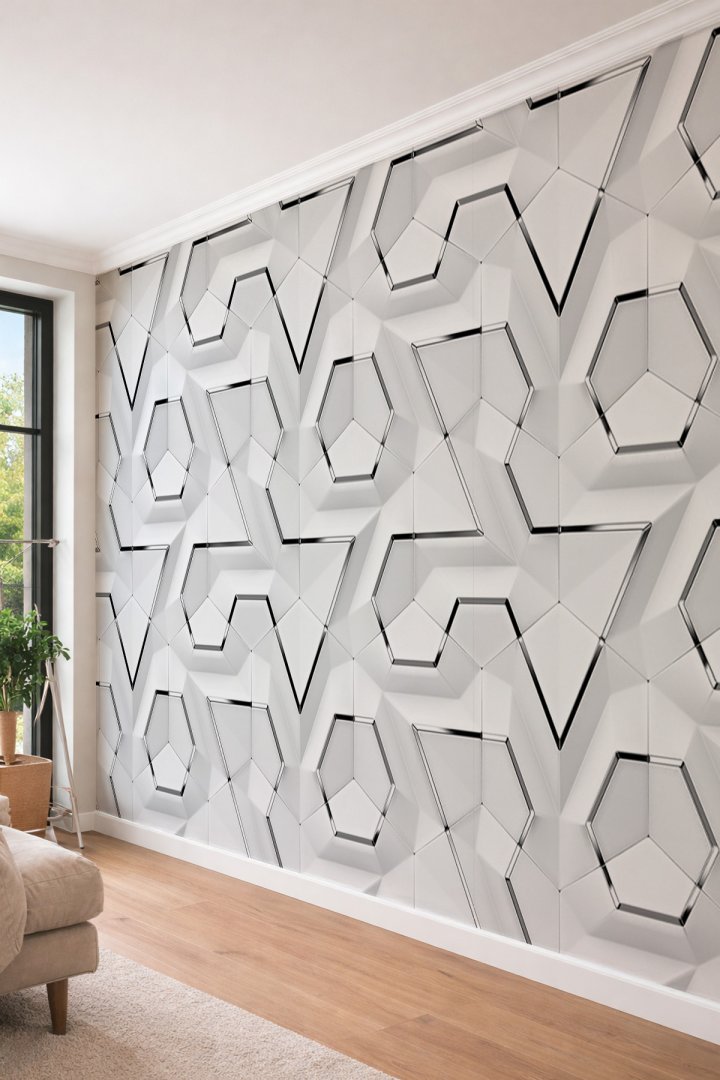 Dreamwall 3D Görünümlü Geometrik ve Kristal Form Desenli Tek Parça Tekstil Duvar Kağıdı