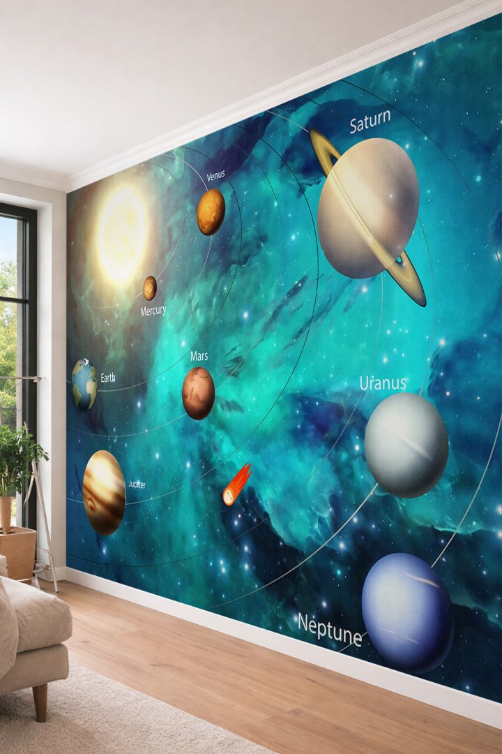Dreamwall 3D Görünümlü Güneş Sistemi ve Gezegenler Temalı Tek Parça Tekstil Duvar Kağıdı