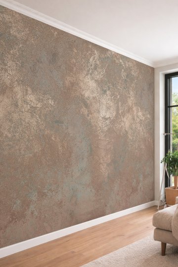 Dreamwall 3D Görünümlü Işıltılı ve Bronz Eskitme Sıva Desenli Lüks Tek Parça Tekstil Duvar Kağıdı