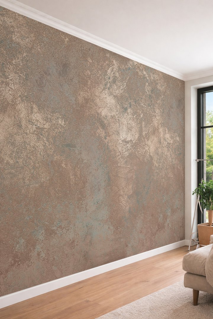 Dreamwall 3D Görünümlü Işıltılı ve Bronz Eskitme Sıva Desenli Lüks Tek Parça Tekstil Duvar Kağıdı