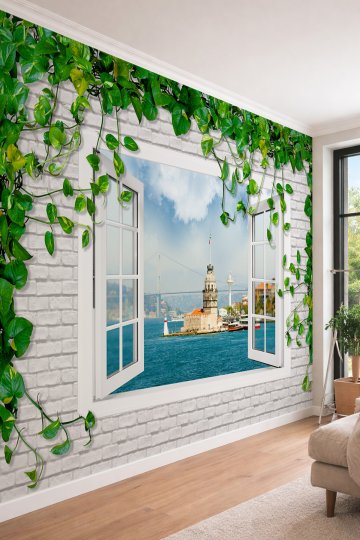 Dreamwall 3D Görünümlü Kız Kulesi Manzaralı ve Pencere Illüzyonlu Tuğla Desenli Tekstil Duvar Kağıdı