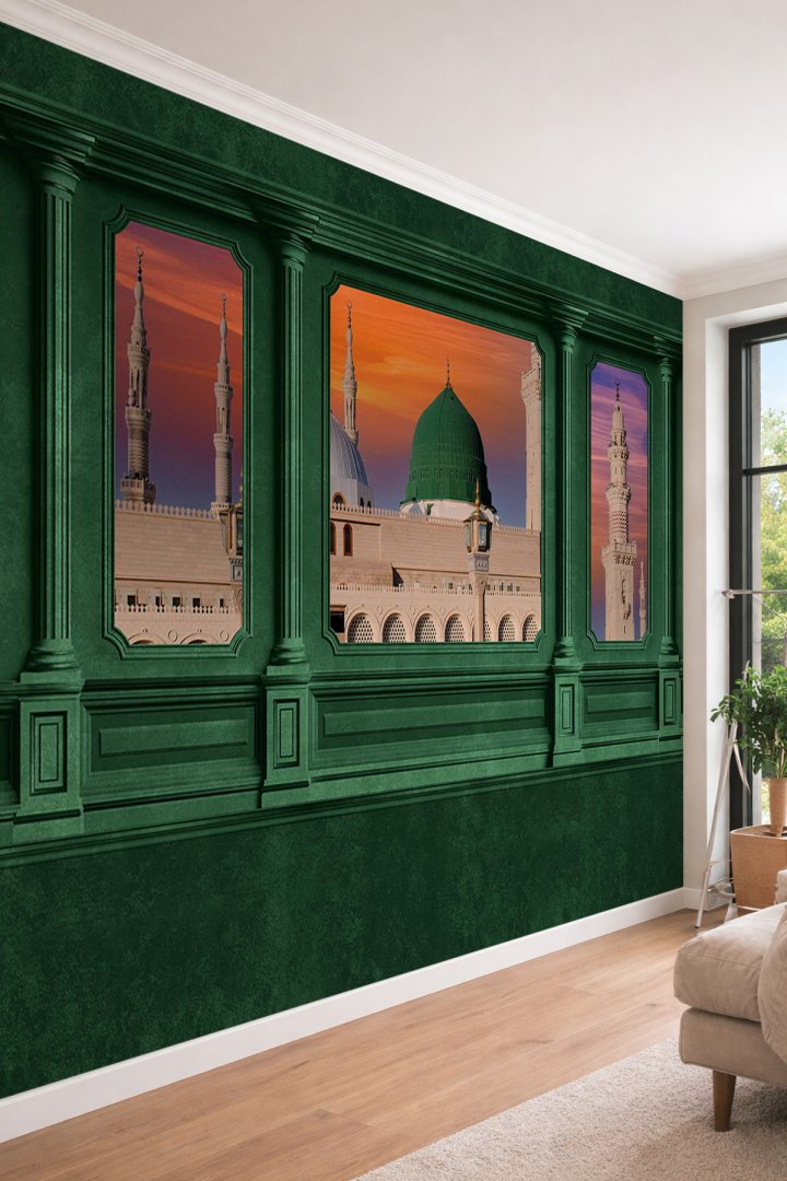 Dreamwall 3D Görünümlü Klasik Panel Çerçeveli ve Mescid-i Nebevi Manzaralı Tekstil Duvar Kağıdı