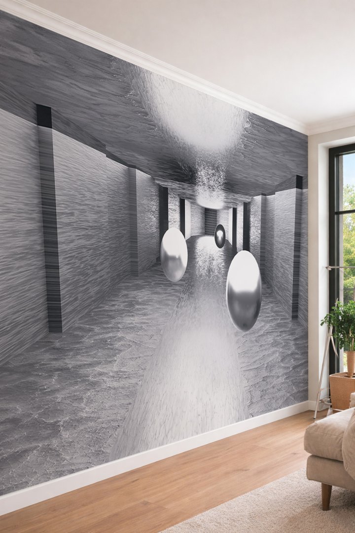 Dreamwall 3D Görünümlü Küre ve Modern Tünel Desenli Tek Parça Tekstil Duvar Kağıdı