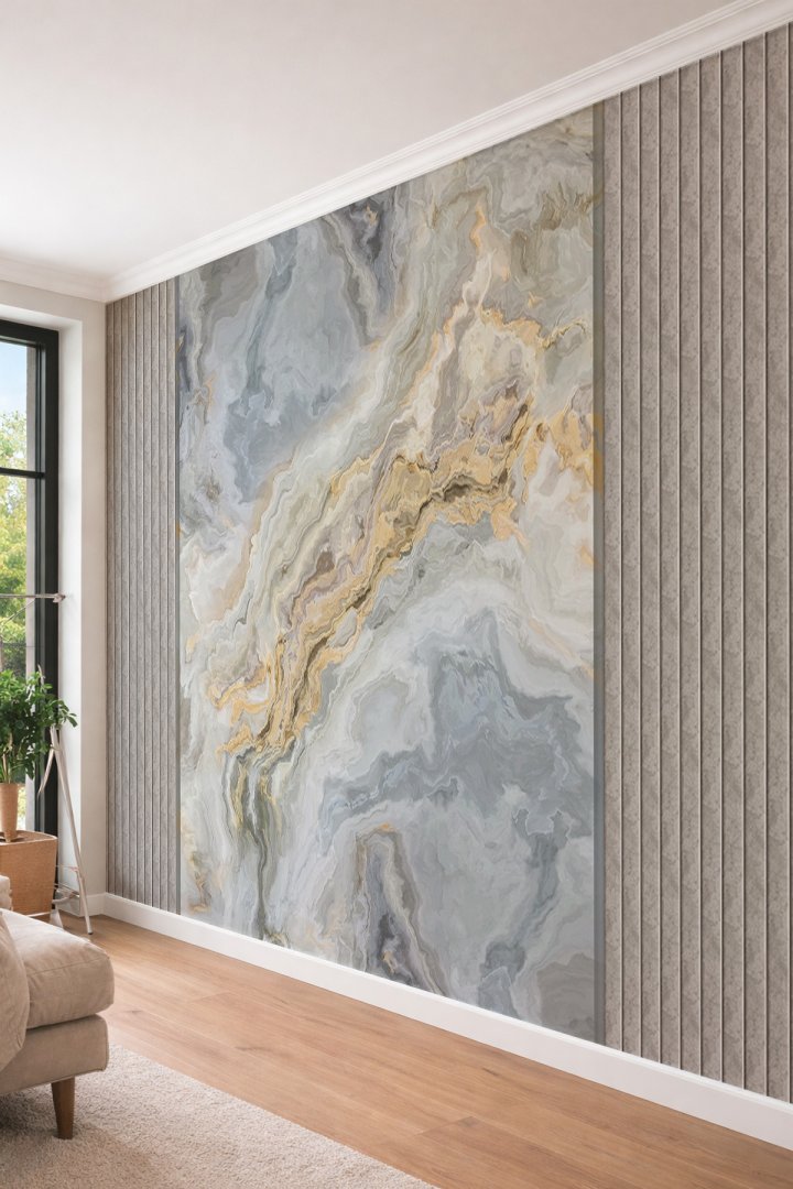 Dreamwall 3D Görünümlü Mermer Desenli ve Dikey Mimari Panel Detaylı Tek Parça Tekstil Duvar Kağıdı