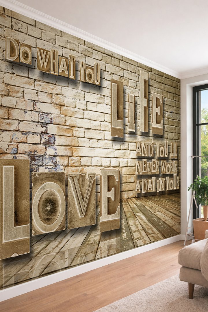 Dreamwall 3D Görünümlü Motivasyon Yazılı Tuğla- Endüstriyel Stil Tek Parça Tekstil Duvar Kağıdı