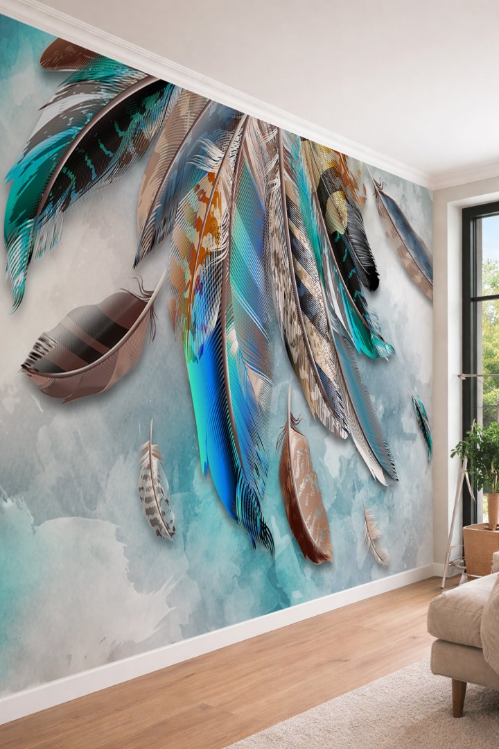 Dreamwall 3D Görünümlü Sanatsal Tüy Desenli Tek Parça Tekstil Duvar Kağıdı
