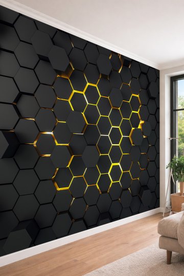Dreamwall 3D Görünümlü Siyah Heksagon Petek Desenli Tek Parça Tekstil Duvar Kağıdı