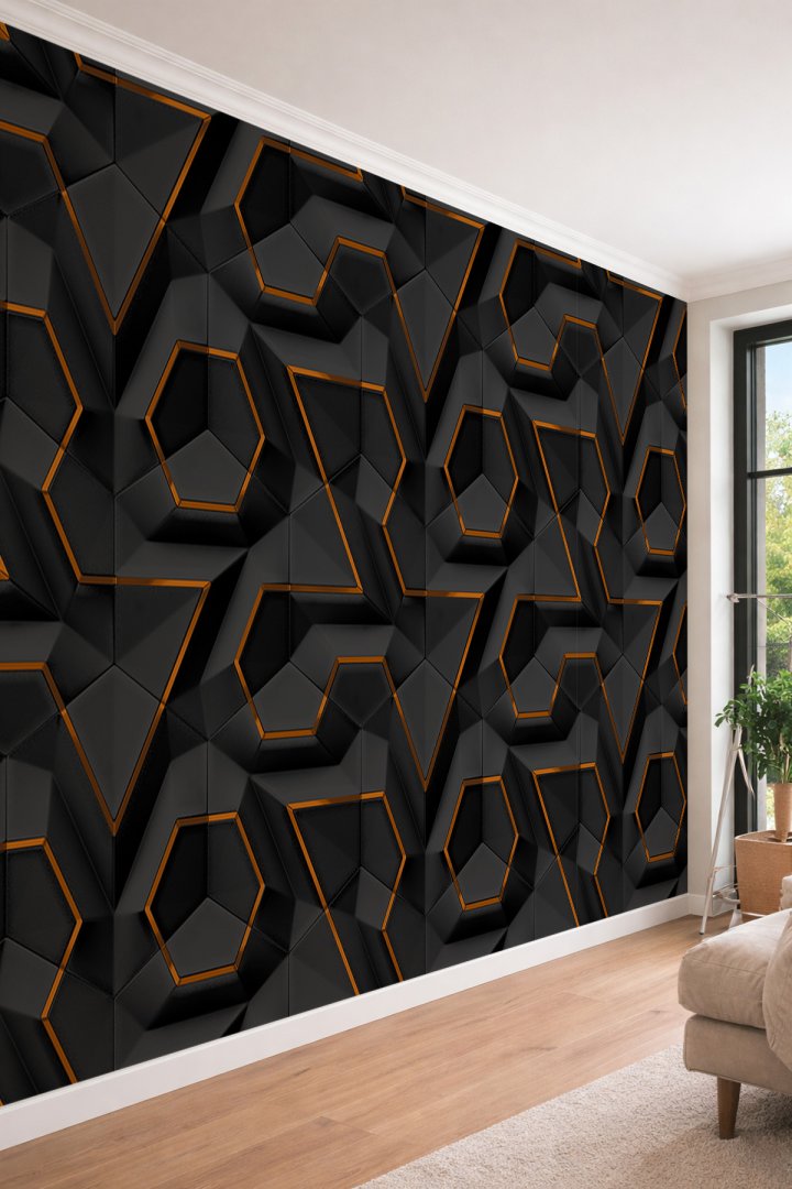 Dreamwall 3D Görünümlü Siyah ve Bakır Detaylı Geometrik Panel Tasarımlı  Tekstil Duvar Kağıdı