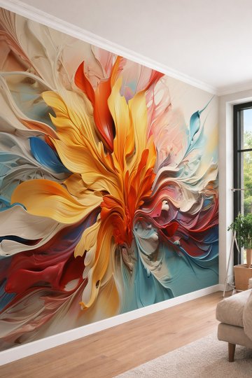 Dreamwall 3D Görünümlü Soyut Akrilik Boya Efektli ve Dinamik Renkli Dalgalı Tekstil Duvar Kağıdı
