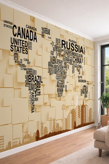 Dreamwall 3D Görünümlü Tipografik Dünya Haritası - Modern Tasarım Tek Parça Tekstil Duvar Kağıdı