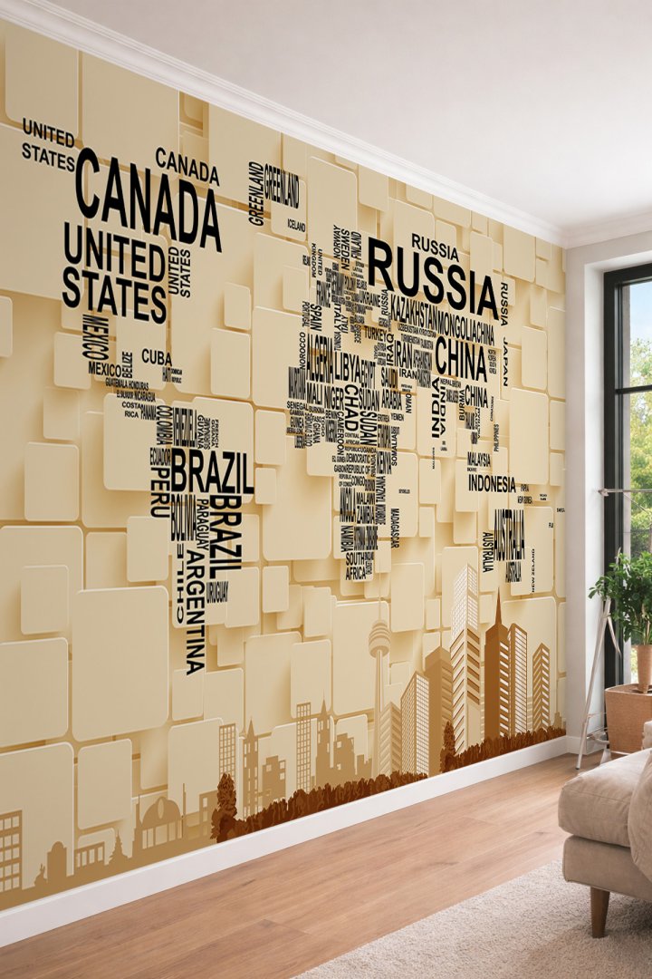 Dreamwall 3D Görünümlü Tipografik Dünya Haritası - Modern Tasarım Tek Parça Tekstil Duvar Kağıdı