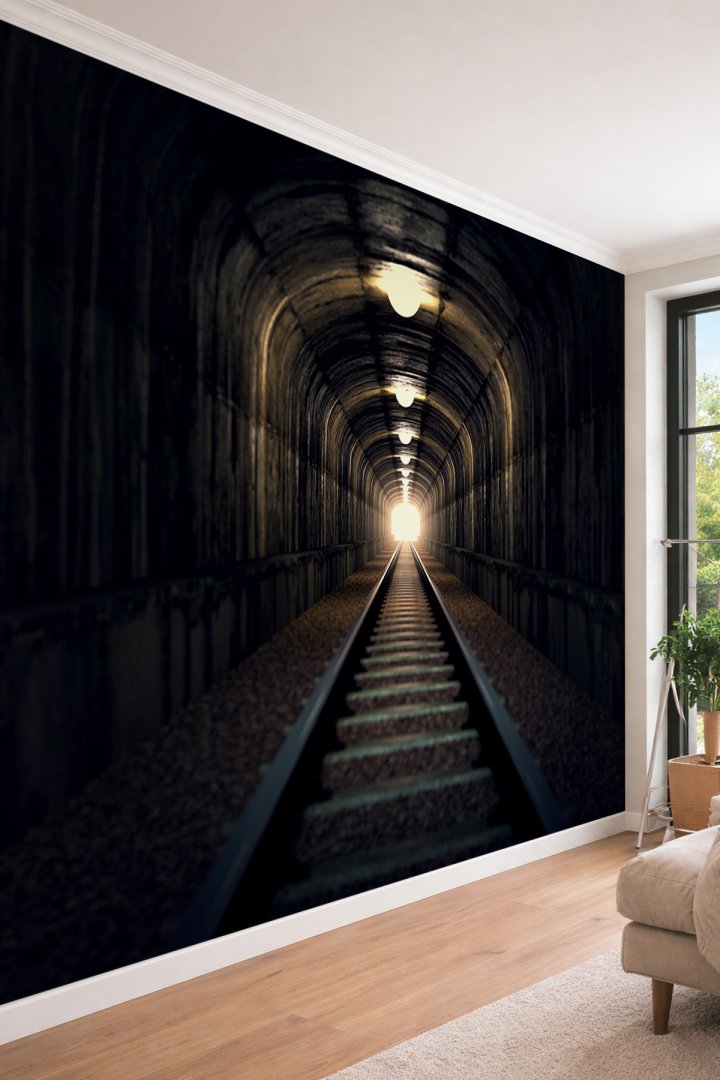 Dreamwall 3D Görünümlü Tren Raylı Karanlık Tünel ve Işık Temalı Derinlik Etkili Tekstil Duvar Kağıdı