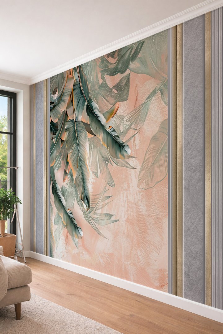 Dreamwall 3D Görünümlü Tropikal Yaprak Desenli ve Mimari Panel Detaylı Tekstil Duvar Kağıdı