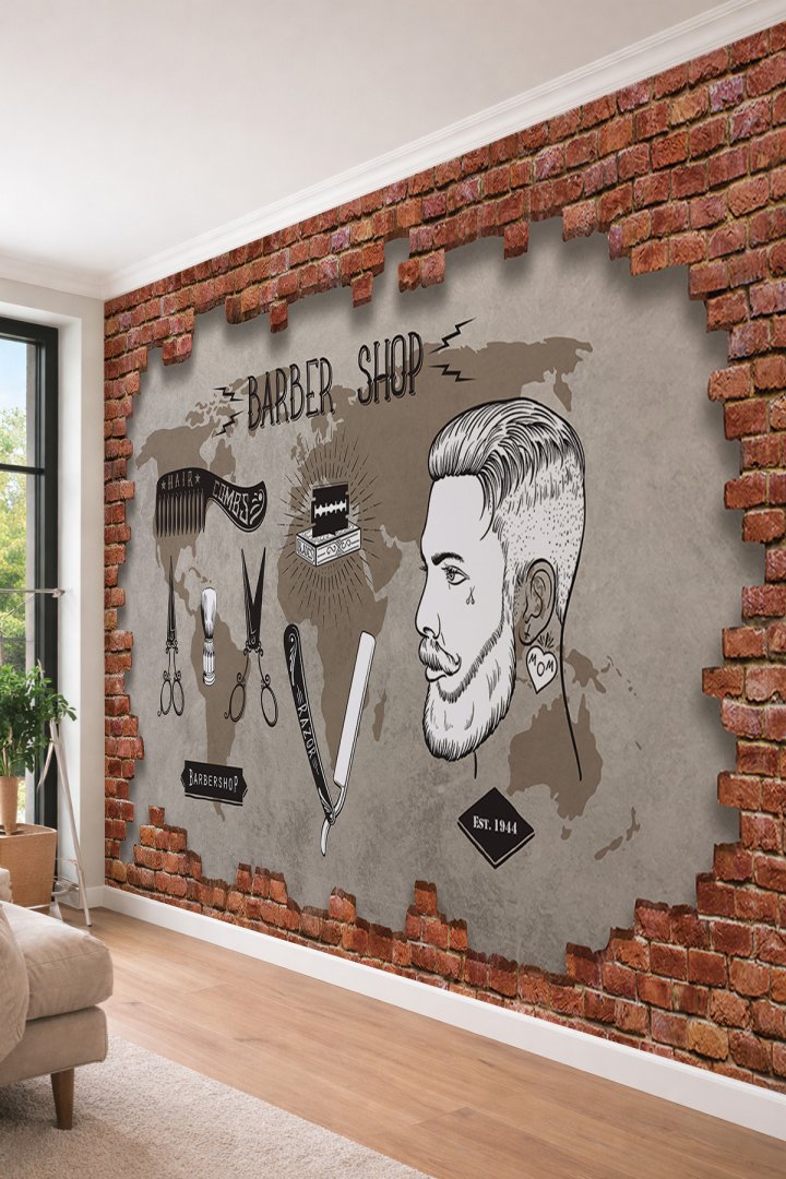 Dreamwall 3D Görünümlü Tuğla Çerçeveli Dünya Haritası ve Berber Temalı Tekstil Duvar Kağıdı