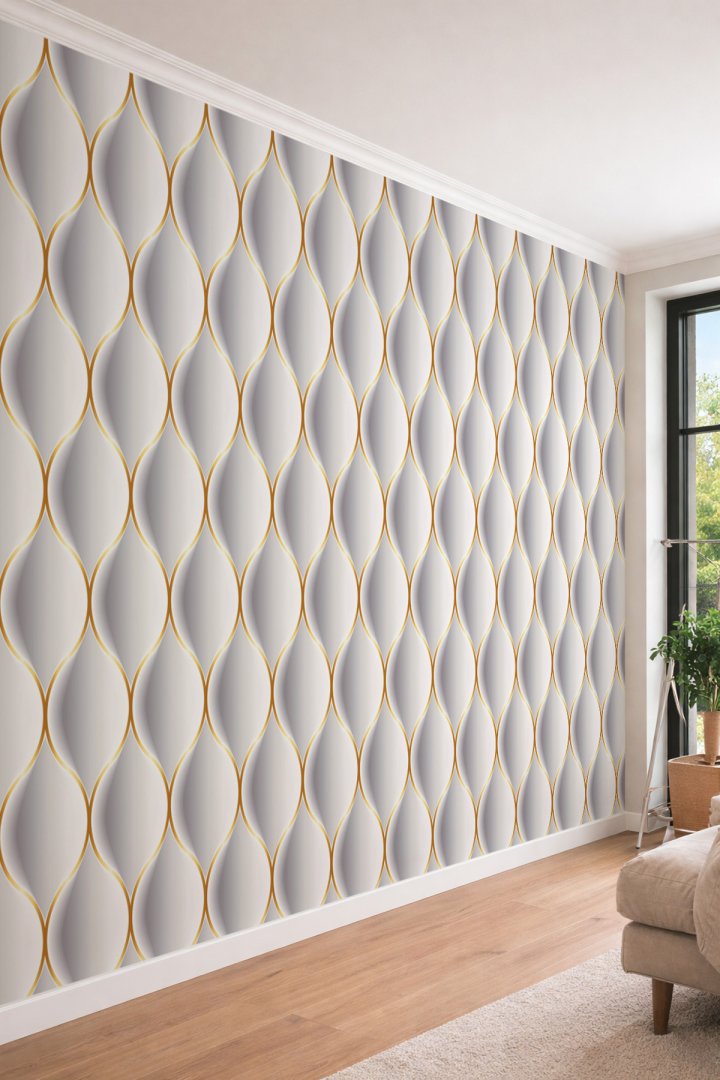 Dreamwall 3D Görünümlü-Varaklı Dalga ve Kavisli Geometrik Tek Parça Tekstil Duvar Kağıdı