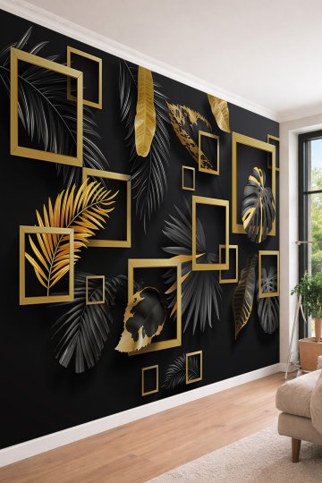 Dreamwall 3D Görünümlü Yaprak Desenli Geometrik Çerçeveli Tek Parça Tekstil Duvar Kağıdı