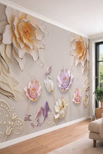 Dreamwall 3D İnci Detaylı Modern Çiçekler - Pastel Tonlu Sanatsal Tek Parça Tekstil Duvar Kağıdı