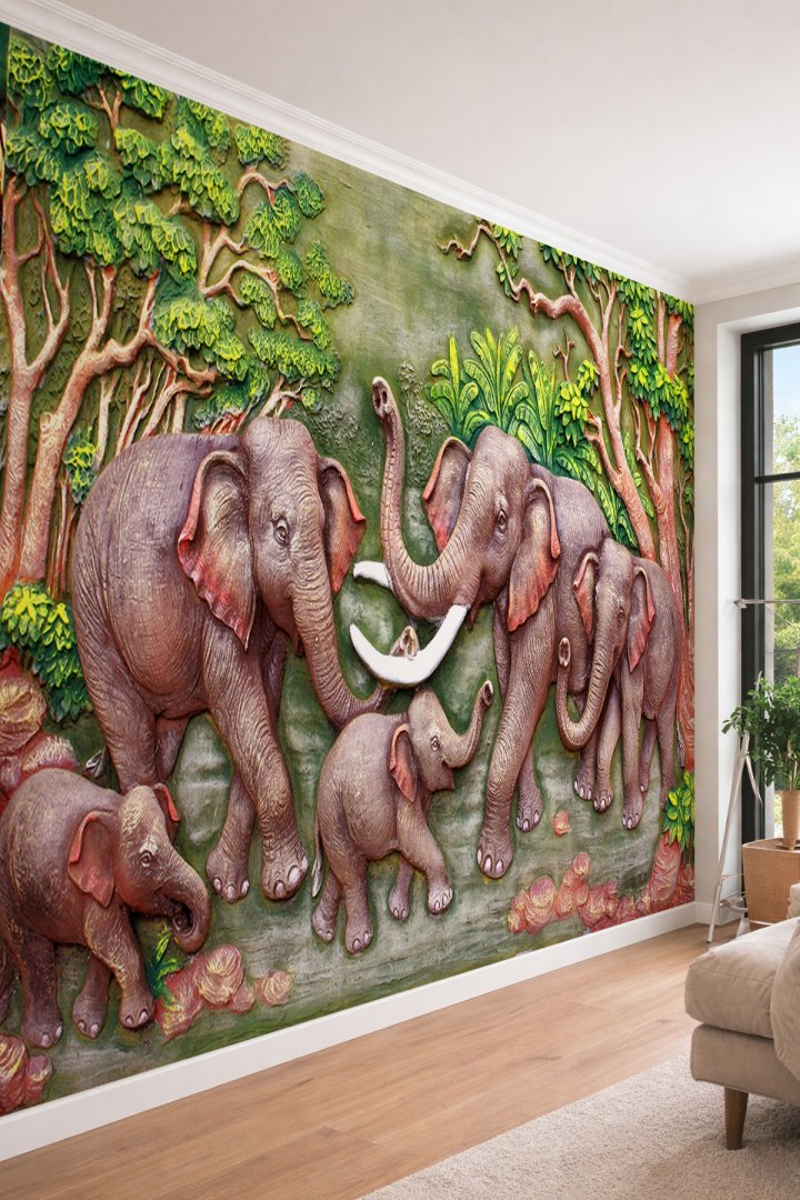 Dreamwall 3D Kabartma Görünümlü Fil Ailesi ve Tropikal Orman Temalı Tek Parça Tekstil Duvar Kağıdı