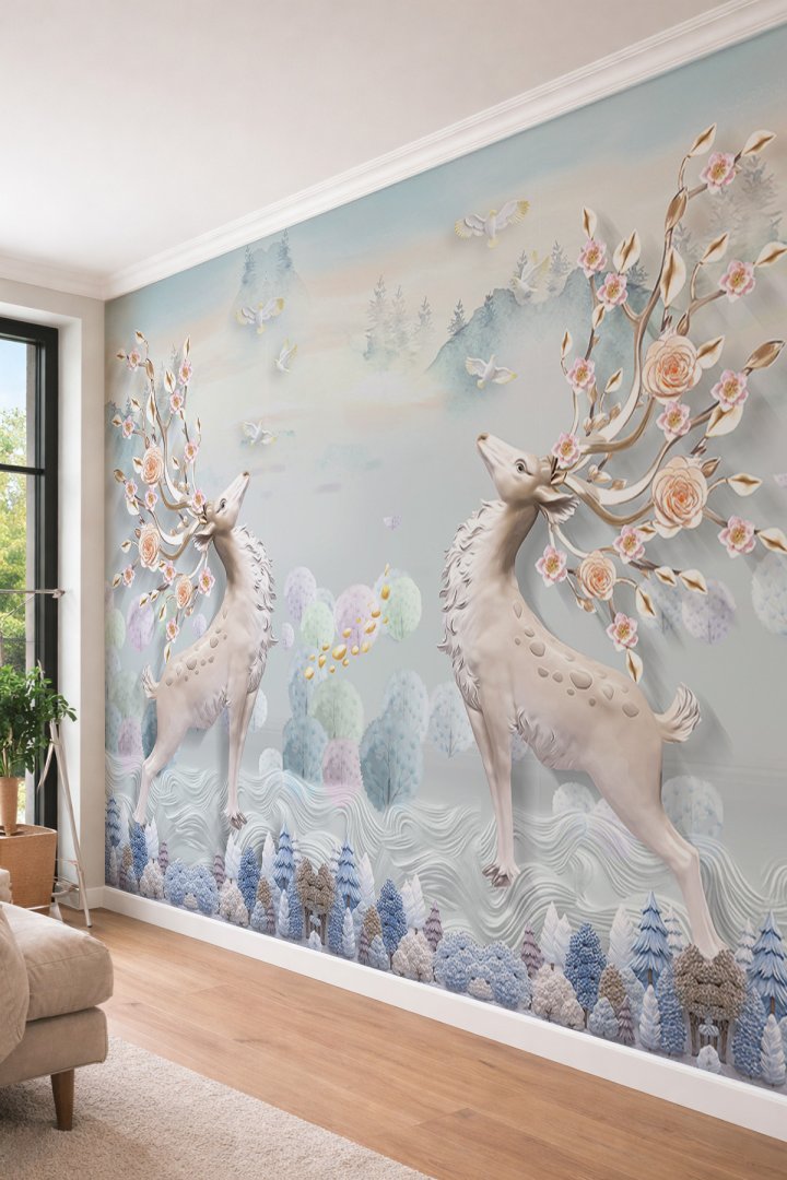 Dreamwall 3D Kabartma Görünümlü Geyik ve Çiçek Açan Boynuzlar Temalı Tekstil Duvar Kağıdı
