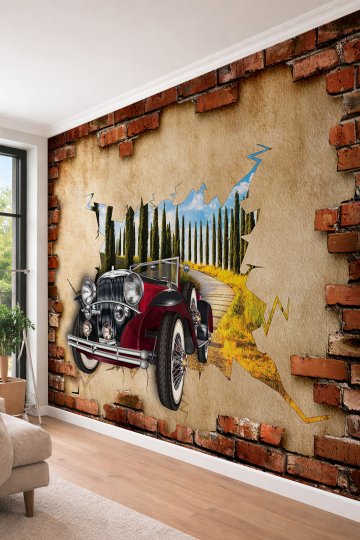 Dreamwall 3D Klasik Araba ve Doğa Manzarası - Tuğla Duvar Efektli Tek Parça Tekstil Duvar Kağıdı