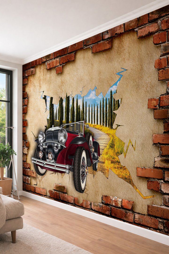 Dreamwall 3D Klasik Araba ve Doğa Manzarası - Tuğla Duvar Efektli Tek Parça Tekstil Duvar Kağıdı
