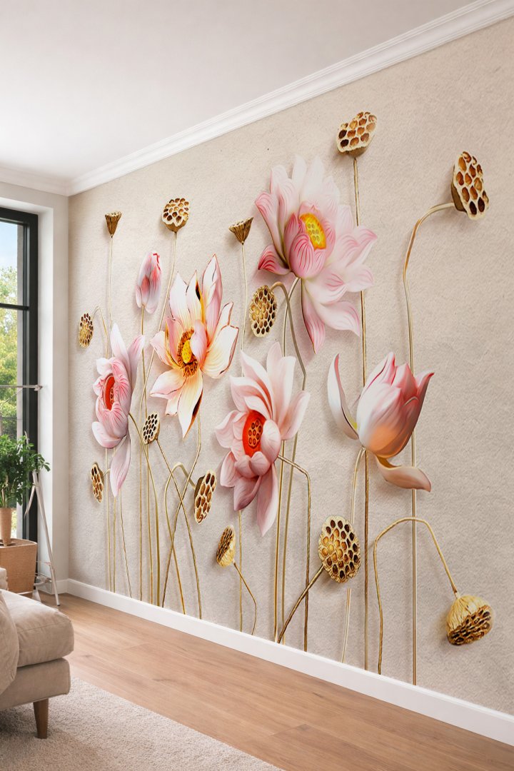Dreamwall 3D Lotus Çiçekleri ve Tohumlar - Modern Sanat Temalı Tek Parça Tekstil Duvar Kağıdı