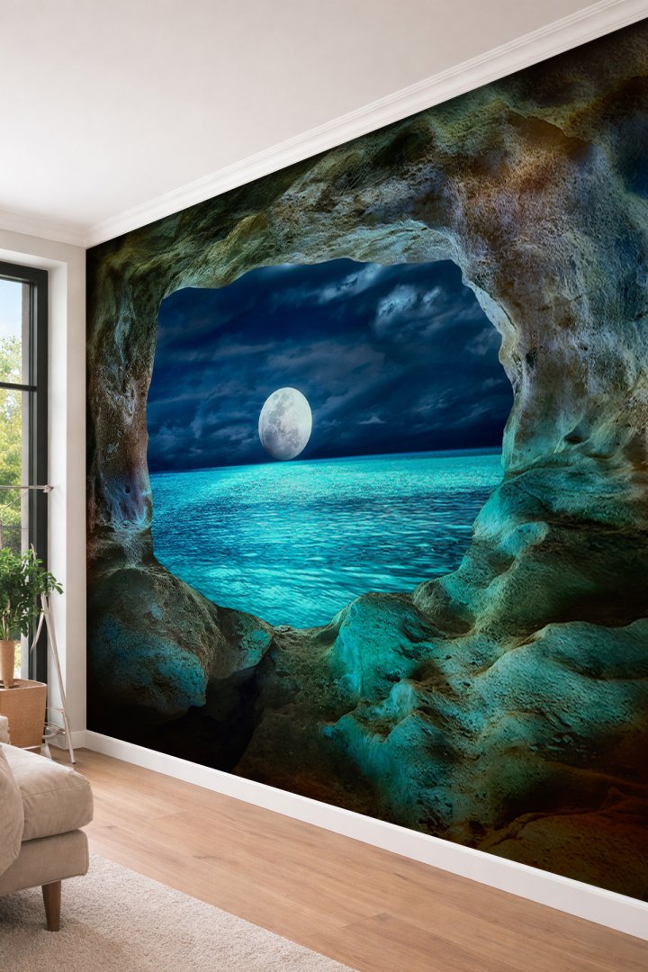 Dreamwall 3D Mağara İçinden Ay ve Deniz Manzaralı Tek Parça Tekstil Duvar Kağıdı
