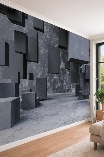 Dreamwall 3D Mimari Derinlikli Beton Blok Desenli Endüstriyel Modern Tek Parça Tekstil Duvar Kağıdı