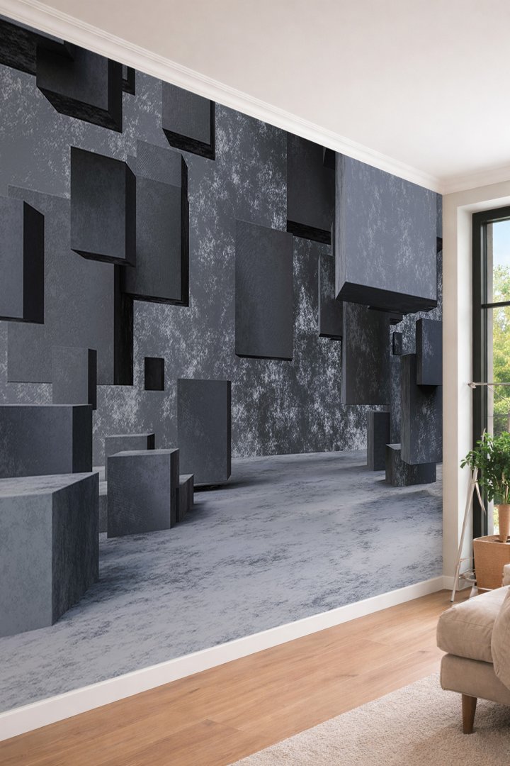 Dreamwall 3D Mimari Derinlikli Beton Blok Desenli Endüstriyel Modern Tek Parça Tekstil Duvar Kağıdı