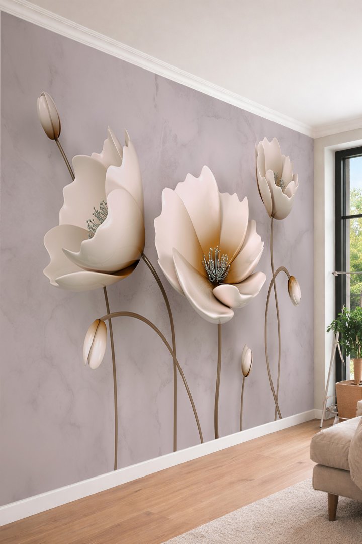 Dreamwall 3D Modern İpek Çiçekler - Antrasit Mermer Fonlu Tek Parça Tekstil Duvar Kağıdı