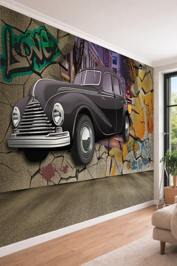 Dreamwall 3D Retro Araba ve Graffiti - Sokak Sanatı Temalı Tek Parça Tekstil Duvar Kağıdı