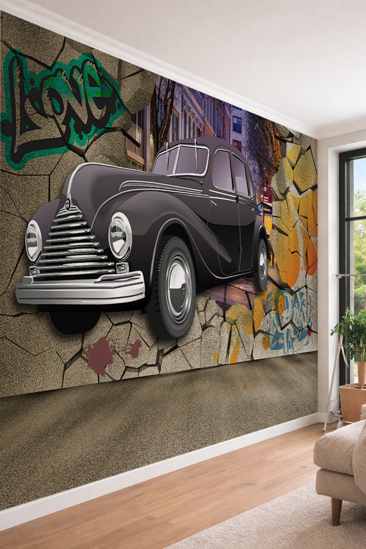 Dreamwall 3D Retro Araba ve Graffiti - Sokak Sanatı Temalı Tek Parça Tekstil Duvar Kağıdı