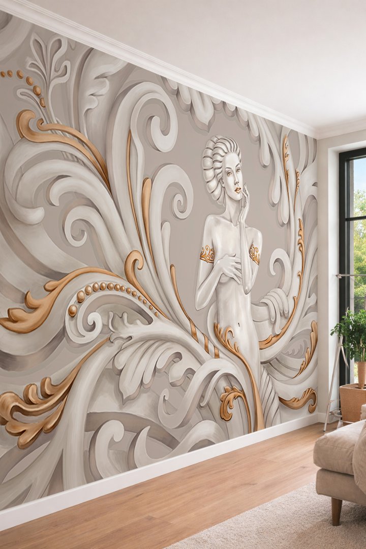 Dreamwall 3D Rölyef Etkili Barok Desenli Kadın Figürü - Klasik Sanat Temalı Tekstil Duvar Kağıdı
