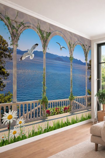 Dreamwall 3D Sarmaşıklı Kemer ve Deniz Manzaralı Martı Figürlü Tek Parça Tekstil Duvar Kağıdı