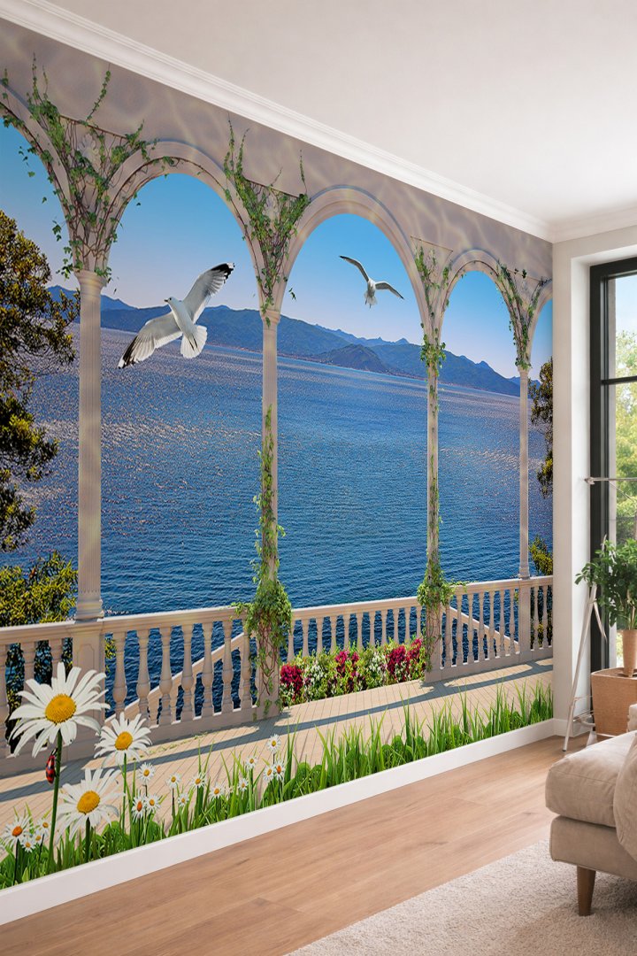 Dreamwall 3D Sarmaşıklı Kemer ve Deniz Manzaralı Martı Figürlü Tek Parça Tekstil Duvar Kağıdı