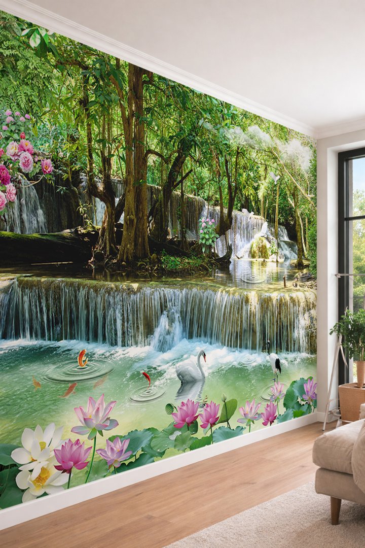 Dreamwall 3D Şelale Manzaralı Kuğulu ve Nilüferli Tek Parça Tekstil Duvar Kağıdı