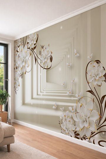 Dreamwall 3D Sonsuz Koridor Perspektifli Çiçek ve Kelebek Desenli Tek Parça Tekstil Duvar Kağıdı