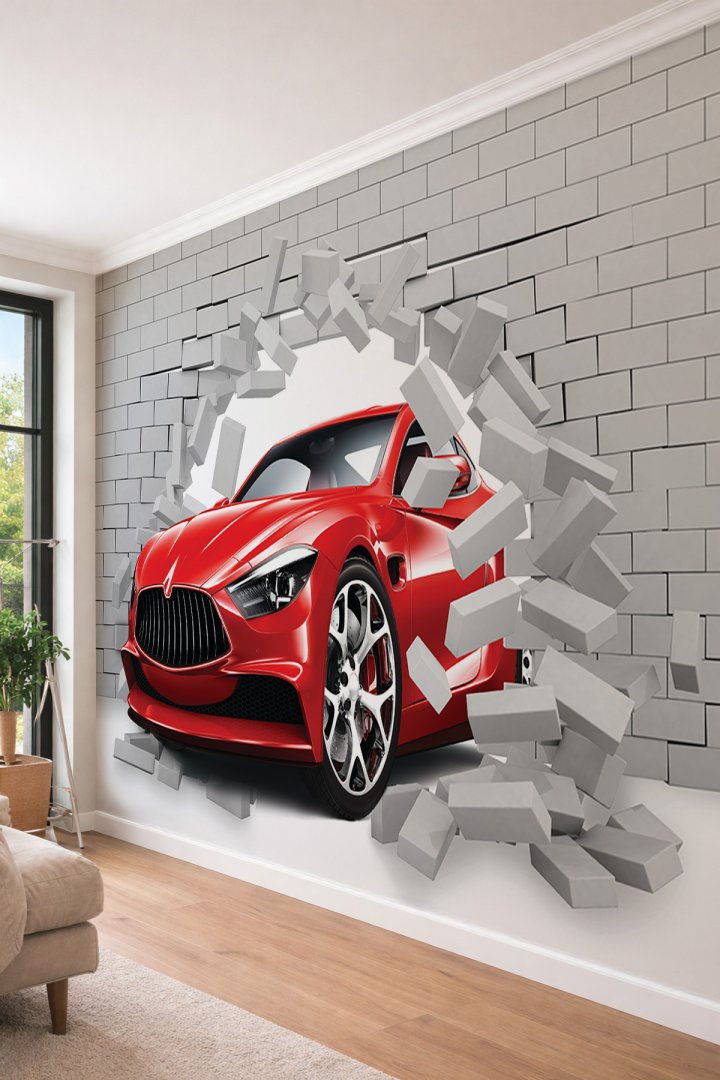 Dreamwall 3D Spor Araba - Duvar Kırma Efektli Tek Parça Tekstil Duvar Kağıdı