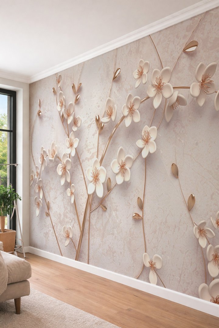Dreamwall 3D Zarif Beyaz Çiçekler - Altın Detaylı Mermer Dokulu Tek Parça Tekstil Duvar Kağıdı