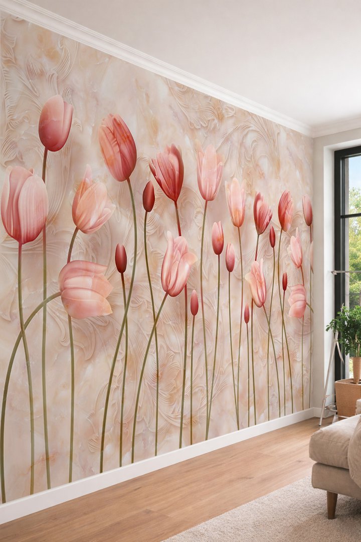 Dreamwall 3D Zarif Laleler ve Klasik Oymalar - Mermer Dokulu Tek Parça Tekstil Duvar Kağıdı
